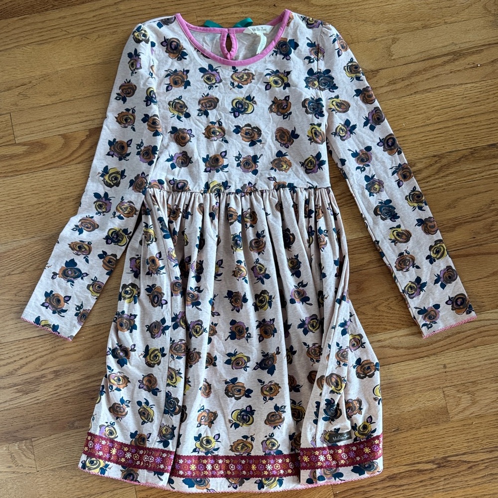 Matilda Jane Kids Dress with Floral Rose Print - Cream and Pink - 14